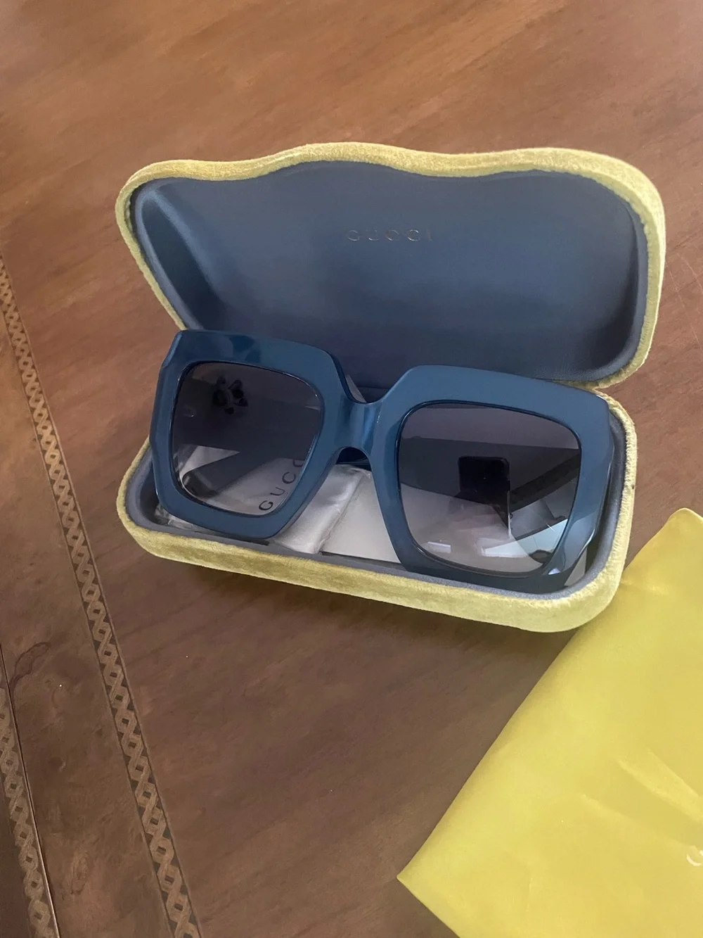 Gucci Blue Rectangular Logo Sunglasses with Gold Accents